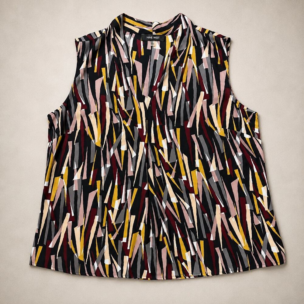 Nine West Abstract Print Sleeveless Blouse | Split Neck Top | Women’s L